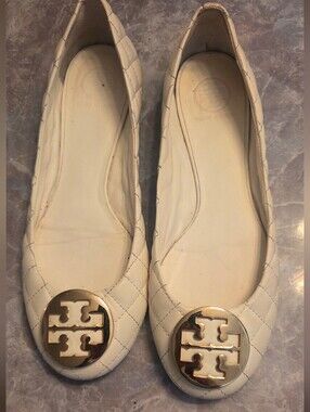 Tory Burch White Quilted  Ballet Flats